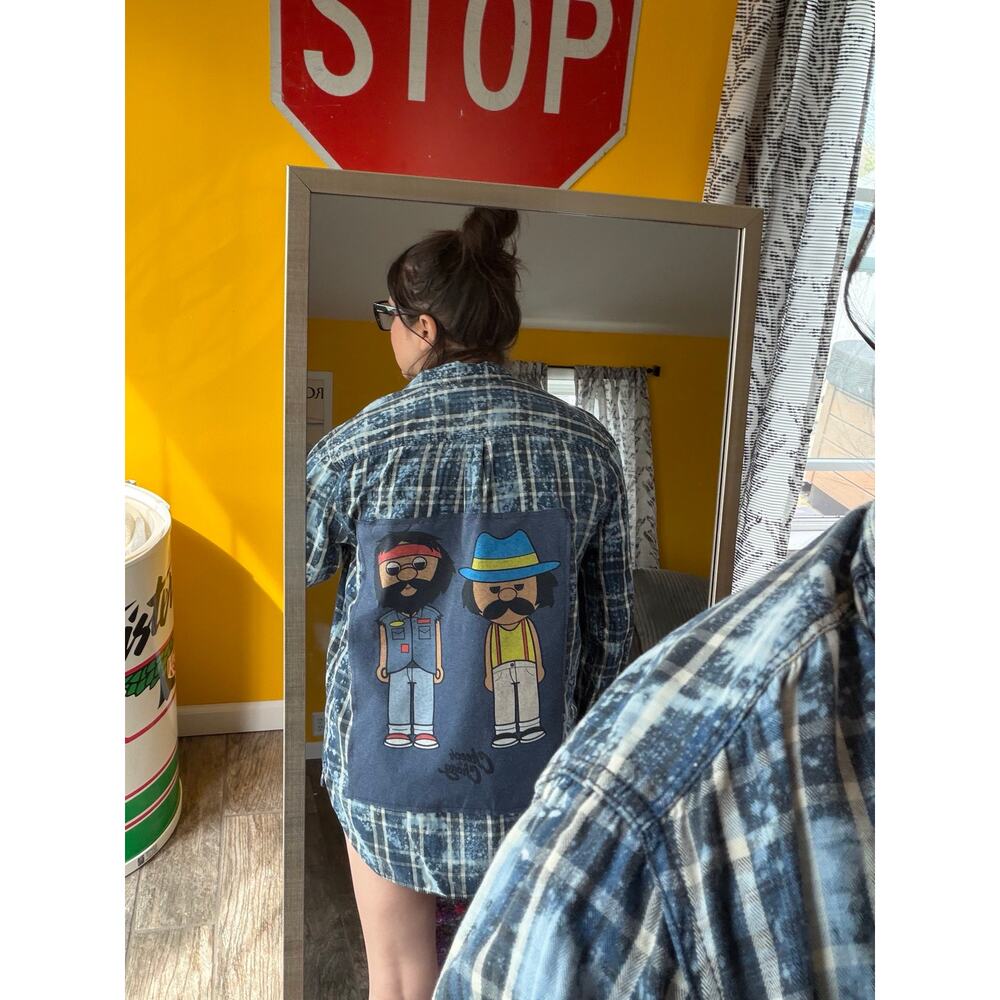 Cheech & Chong upcycled custom flannel shirt gray graphic tee on back bespoke